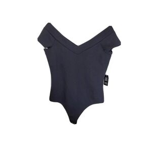 NWT Express Size L Black Wide V-Neck BodySuit Thong Cap‎ Short Sleeve Contouring